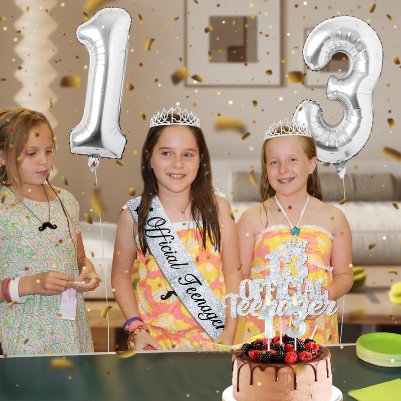 13th Birthday Decorations for Girls with Official Teenager Sash and Crown, 13th Birthday Cake Topper and Number 13 Candles, 13th Birthday Balloons, Silver Sweet 13 Birthday Gifts