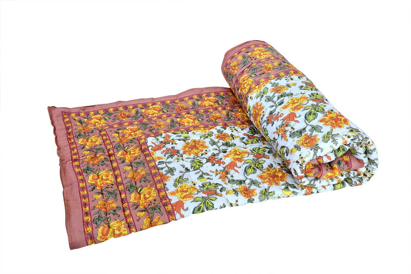 Namaste India Pure Cotton Jaipuri razai rajai Traditional sanganeri Print Single Bed Quilt Blanket (Orange)