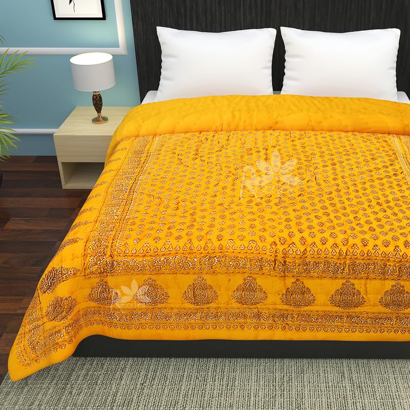 Rexxica 240 TC Single Bed Organic Cotton Jaipuri Famous Razai Bed Blanket Ac Quilt for Winter Soft Light Weight Rajasthani Traditional Rajai Cotton 57 x 84 inch.. (Single, Yellow)