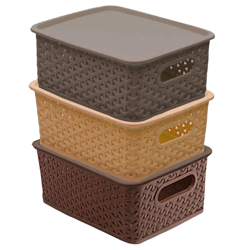 Kuber Industries Plastic 3 Pieces Extra Small Size Multipurpose Solitaire Storage Basket with Lid (Multicolour) - CTKTC023261, Standard, Brown