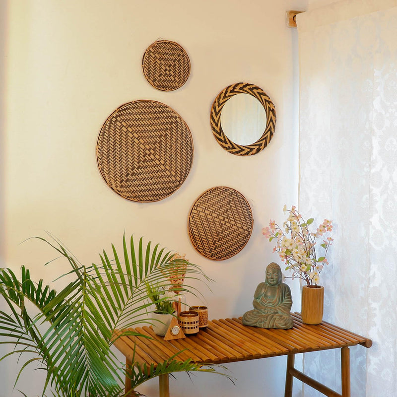 Bamboo Round Woven Mirror | Round Bamboo Mirror | Wall Mirror | Wall Mirror for Living Room, Bedroom|Colour - Natural/Black