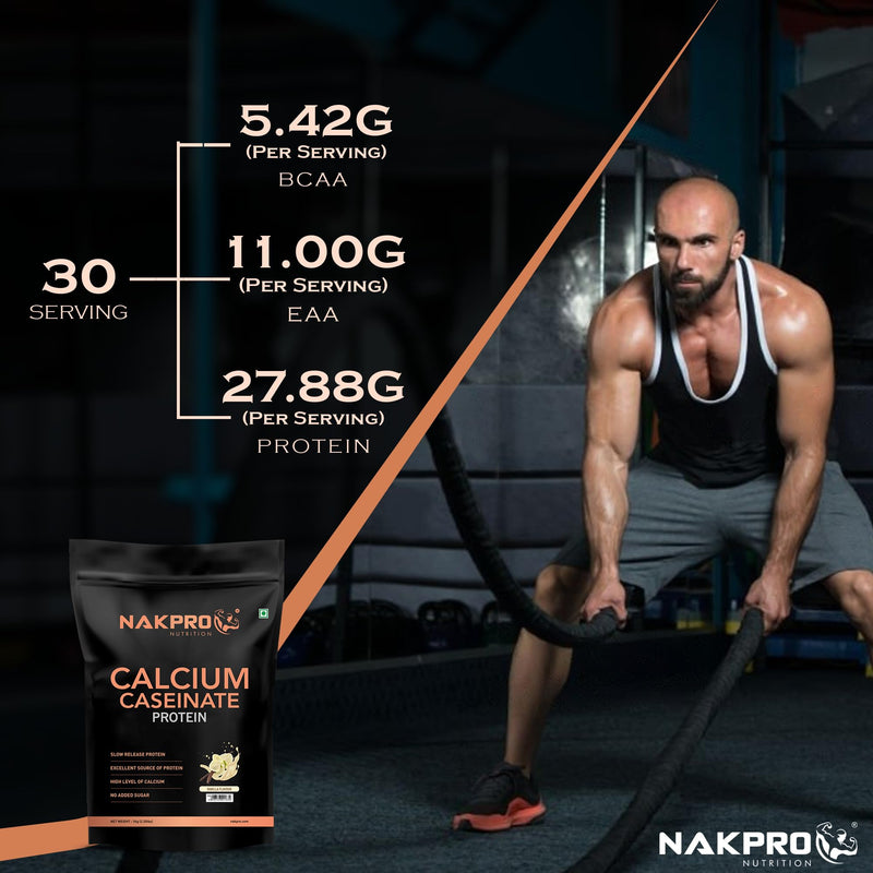 NAKPRO Calcium Caseinate | 27.88g Protein, 5.42g BCAA | Helps in Muscle Recovery | Slow Absorbing, Slow Digesting, Low Carbs Casein Protein Powder (2 Kg, Vanilla)