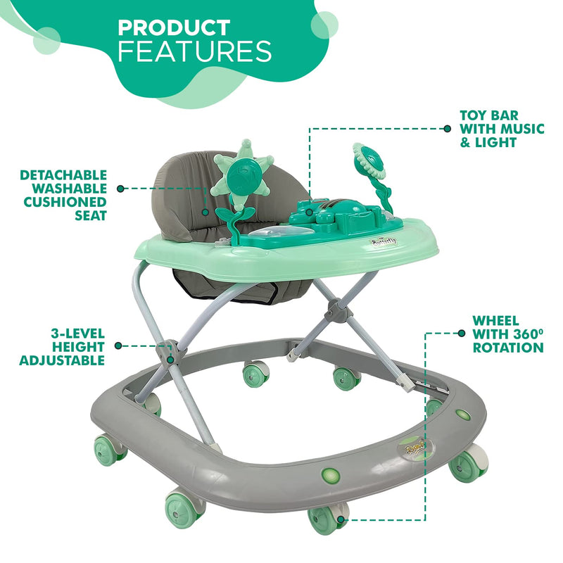 Dash Butterfly Baby Walker with 3 Position Adjustable Height Music & Light, Foldable Activity Walker, Baby 6-18 Months boy, Walker for Kids (Capacity 20kg | Green)