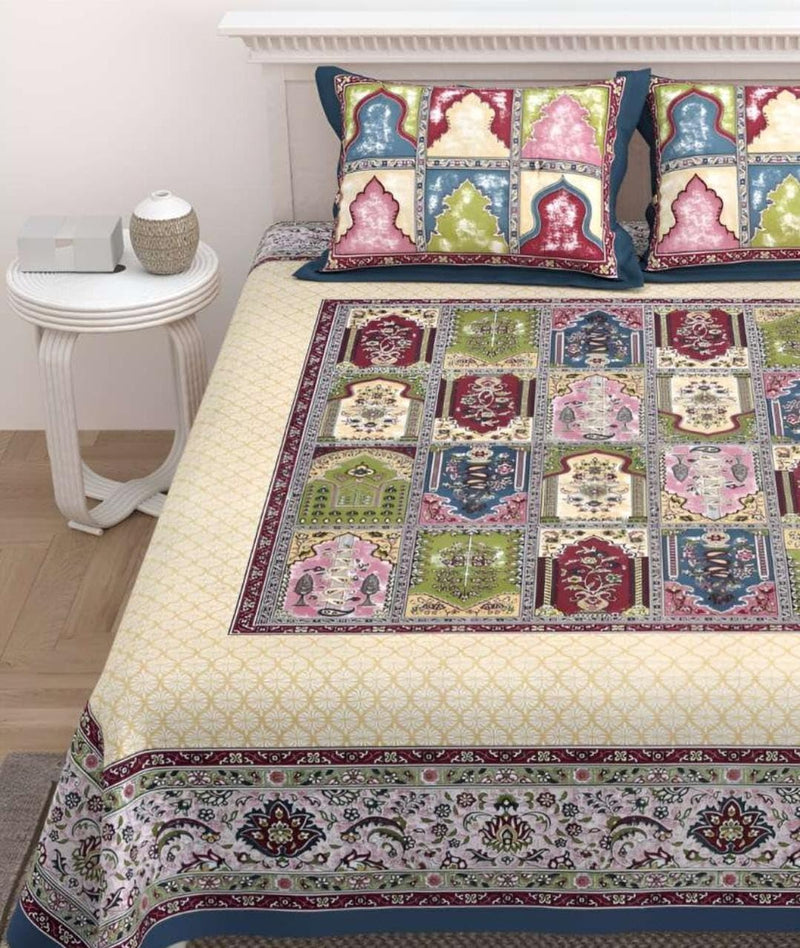 Moli Enterprises Beautiful Floral Patterns on King-Size Jaipuri Bed Sheets Made of 100% Pure Cotton | Double Bedsheet for Double Bed King Size with 2 Pillow Covers