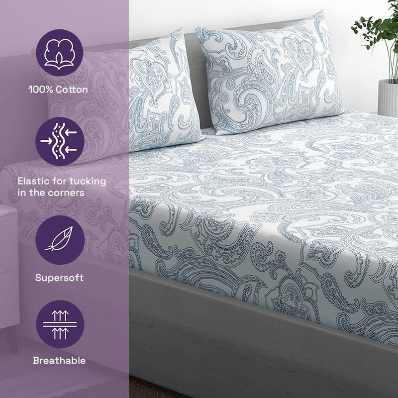 100% Cotton 152 TC Fitted Bedsheet with 2 Pillow Covers | Paisley Diwan, 72" x 48", Paisley| 1.83m x 1.22m