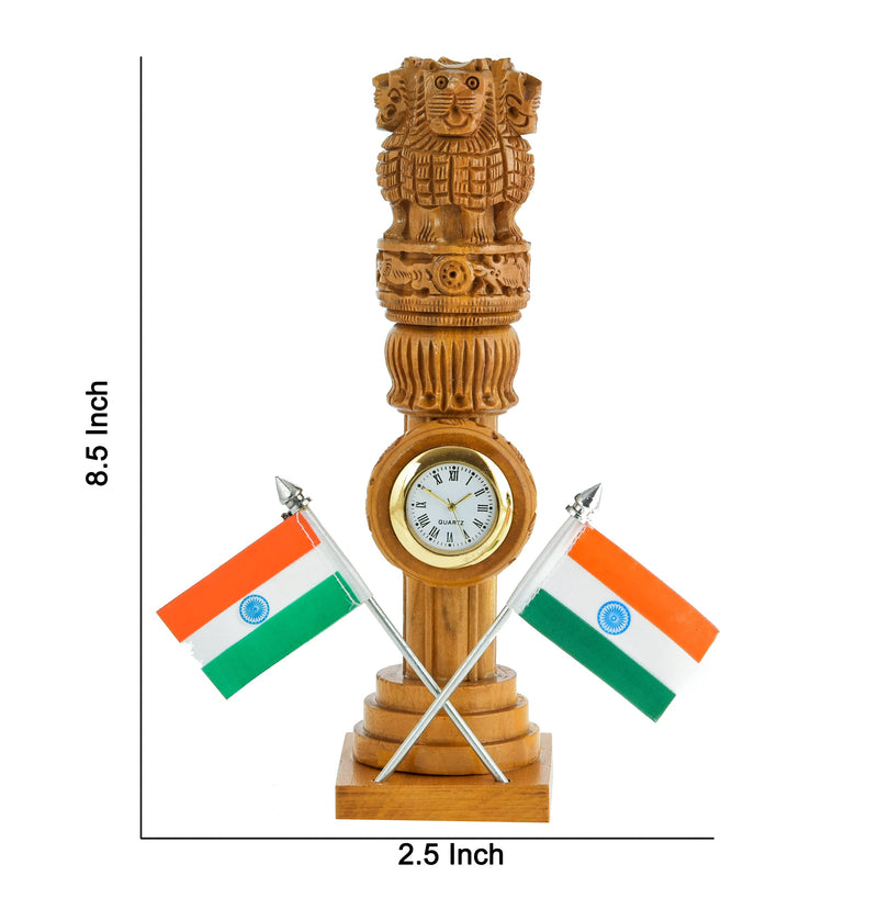 Kaka jiji Handicraft Wooden Carved Ashoka Stambh Pillar With 2 Flags & Analog Clock For Office And Study Table Ii Brown Color Pack Of 1 (2.4Wx2.4Lx8.5H Inches)