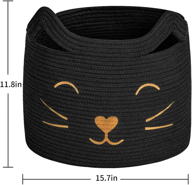 ALBY® Large Woven Cotton Rope Storage Basket, Laundry Basket Organizer for Toys, Blanket, Clothes, Towels, Gifts | Pet Gift Basket for Cat, Dog - 15.7" L×11.8" H, Black