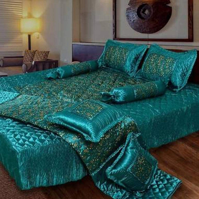 Generic Jaipuri Gold Paisley Printed Satin Wedding Bedding Double Bed ??? Bedsheet Set for Bed Room, Hotel, Home, and Living Room ?????? ??? ??? (Set of 8 pcs), (Green)