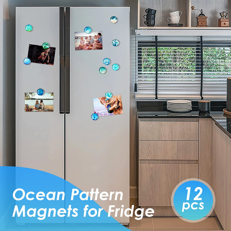 Bamsod 12 PCS Glass Strong Refrigerator Magnets, Ocean Pattern Series Magnets Whiteboard Magnets Glass Fridge Magnets for Office Cabinets Round Fridge Stickers Home Kitchen Decor