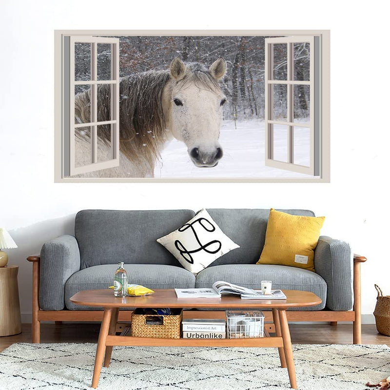 GADGETS WRAP Printed Wall Decal Sticker Fake Window Style Decal (90cm x 50cm) - White Snow Horse