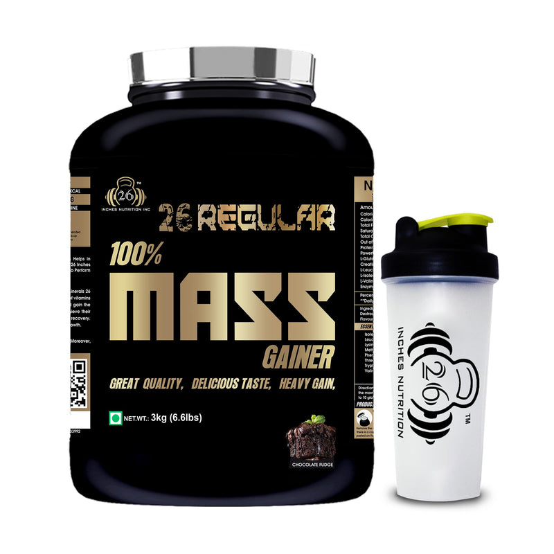 26 INCHES NUTRITION INC Regular 100% Mass Gainer-3 Kg | Weight Gainer | Mass Gainer | Bulk Gainer | Protein Powder (Chocolate Fudge, PO1+With Shaker)