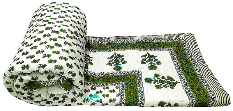 Chhaarodiya Rajasthani Traditional Cotton razai/rajai/ac Blanket with sanganeri Green booti Print Double Bed Jaipuri Quilt Blanket with Boarded Pattern Green and Off White 85 x 100