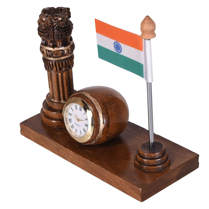 Craft Trade Round Wooden Table Clock - Ashok Stambha Pillar with National Flag Decorative Showpiece Gift for Home and Office Décor