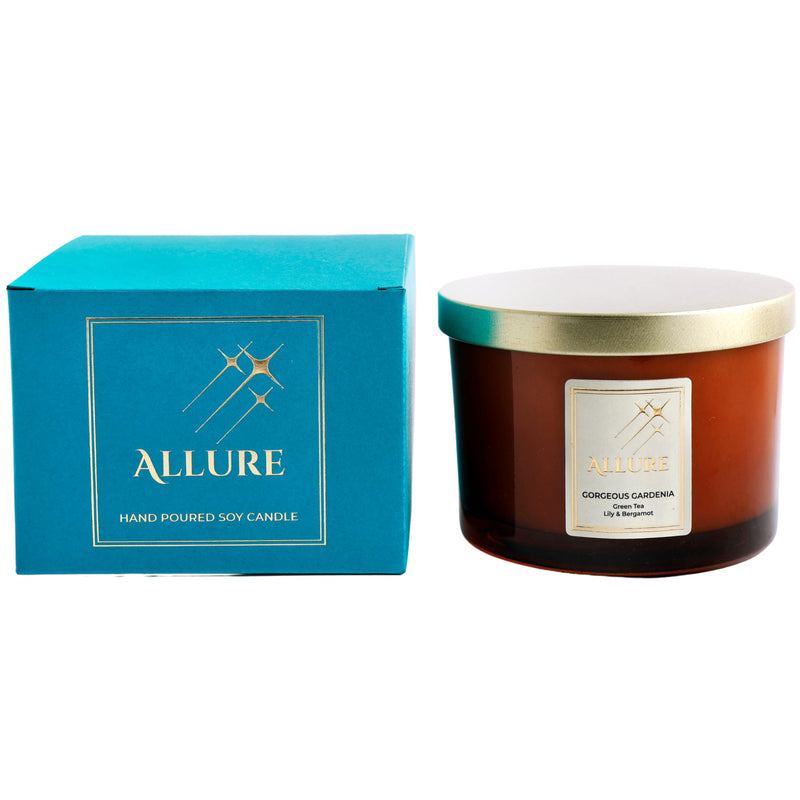 Allure Living Gorgeous Gardenia Luxury Green Tea Soy Candles Large 3 Wick Jar Candle | Up to 40 Hours Burning Time Natural Soy Wax | Relaxing Aromatherapy Aesthetic Candle | Scented Candle