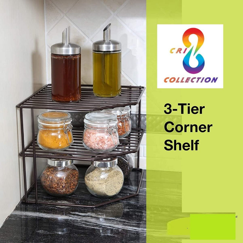 12FOR COLLECTION Iron Tier Storage Rack for Corners Multipurpose Black Iron Kitchen Plate Dish Corner Shelf Rack Stand Holder (Black)