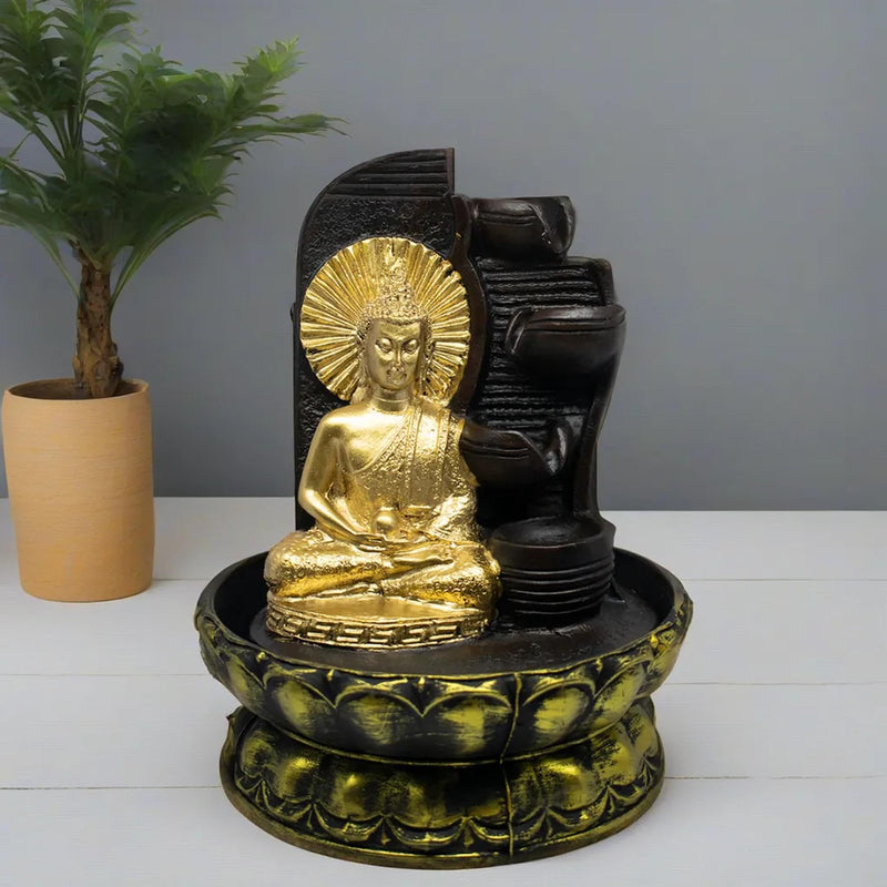 SPLICE Resin Buddha Water Fountain LED Light 4-Tier for Home Decor Showpiece