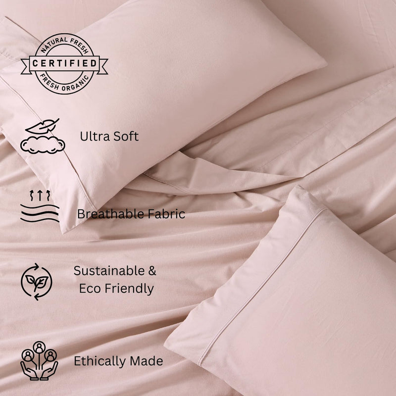 Lane Linen 100% Organic Cotton King Bed Sheet Set |Breathable Fabric | Sustainable & Eco Friendly(Sephia Rose,King)