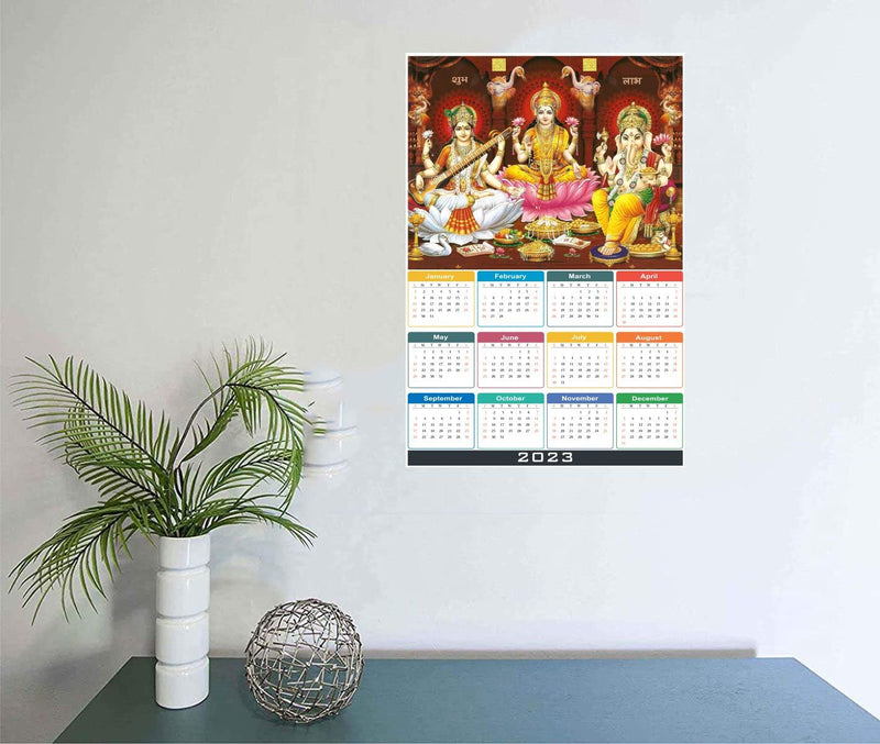 Asmi Collections Self Adhesive Goddess Lakshmi Saraswati God Ganesha with Calendar Wall Sticker (Lakshmi-Saraswati-Ganesha)