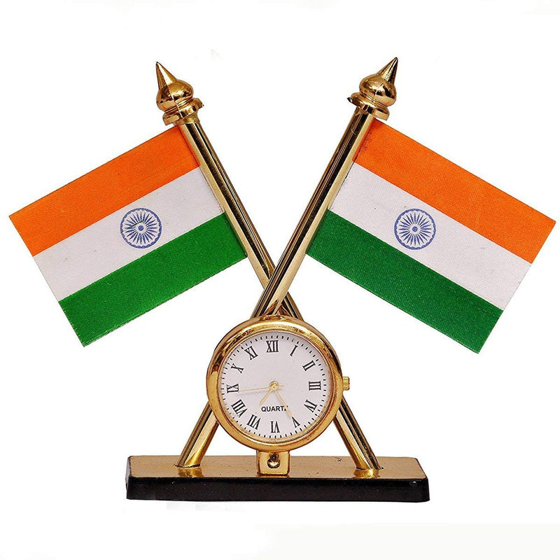 Rashri Table Top/Car Panel Inbuilt Official Look Crossed Style Pair of Indian/India/Flag/Flags with Clock