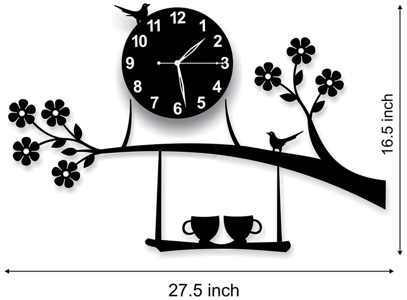 invision1 Plastic 3D Acrylic Tree Birds Coffee Cup On Jhula Design Wall Clock (Black, 69.9 x 41.9 x 1.3 cm) Analog