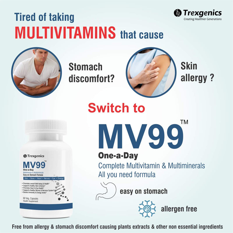 Trexgenics MV99 Multivitamin One-a-day Easy On Stomach - Complete Daily All you need with Multiminerals & Micronutrients for Men & Women (60 Veg. Capsules) (1)