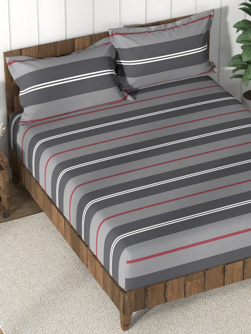 Nautica Super Soft 100% Cotton King Bedsheet and 2 Pillow Covers -3pc Set (Bristol) Stripe-Grey