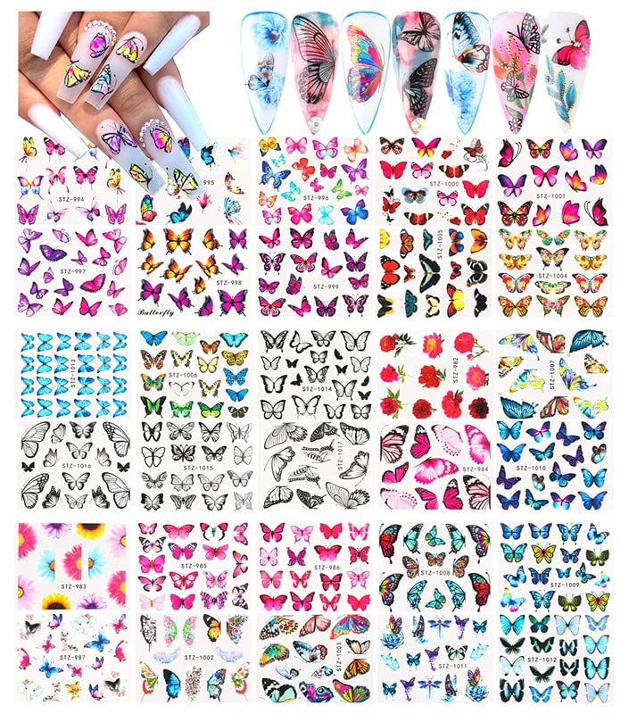 FAMEZA 12 Sheets Butterfly Nail Art Stickers Nail Art Water Transfer Sticker with Butterfly Flower Patterns Manicure Tips，Nail Tips DIY Toenails Nail Art Decorations Accessories Decals