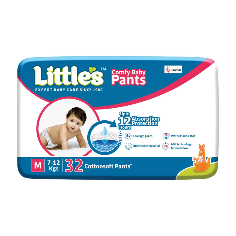 Little's Baby Pants Diapers,Medium (M),7-12 kg,32 Count, with Wetness Indicator & 12 Hours Absorption