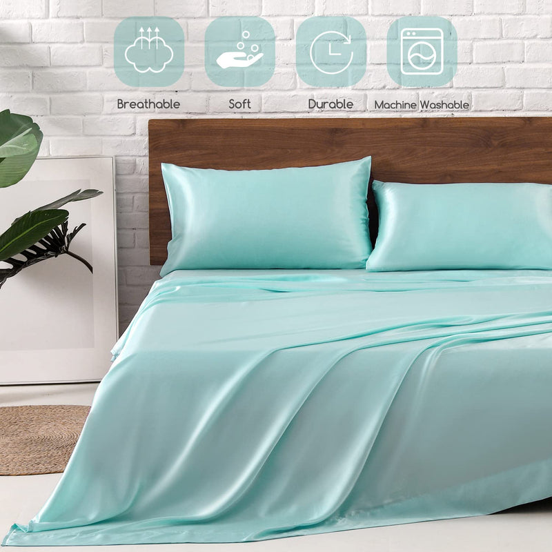 MR&HM Satin Bed Sheets, Queen Size Sheets Set, 4 Pcs Silky Bedding Set with 15 Inches Deep Pocket for Mattress(Queen, Turquoise)