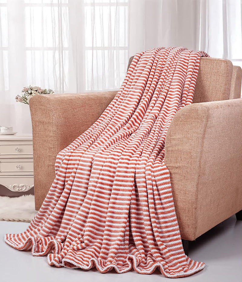 BSB HOME Polyester Premium Jacquard Plush Single Blanket | 300 GSM Lightweight Cozy Soft for Bed, Sofa, Couch, Travel & Camping| 150X220 Cm Or 60X86 Inches|Orange & White