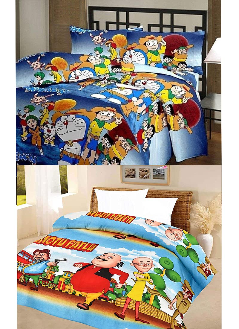 WONDERLOOK 100% Reversible Single Bed AC Blanket/Dohar/Combo Set of 2 Pc (Blue doremon & Motu patlu Print)