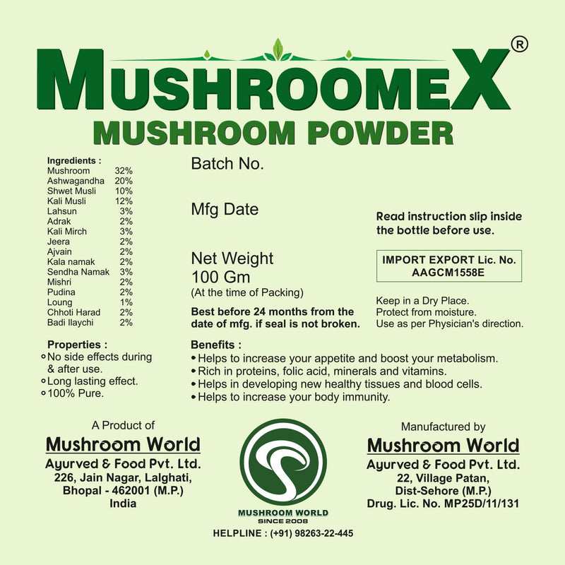 Mushroomex 100 Gram Mushroom Powder Ayurvedic Weight Gainer for Men Women and Adults with Natural Ingredients to Improve Stamina, Appetite and Overall Wellness (Pack of 1)