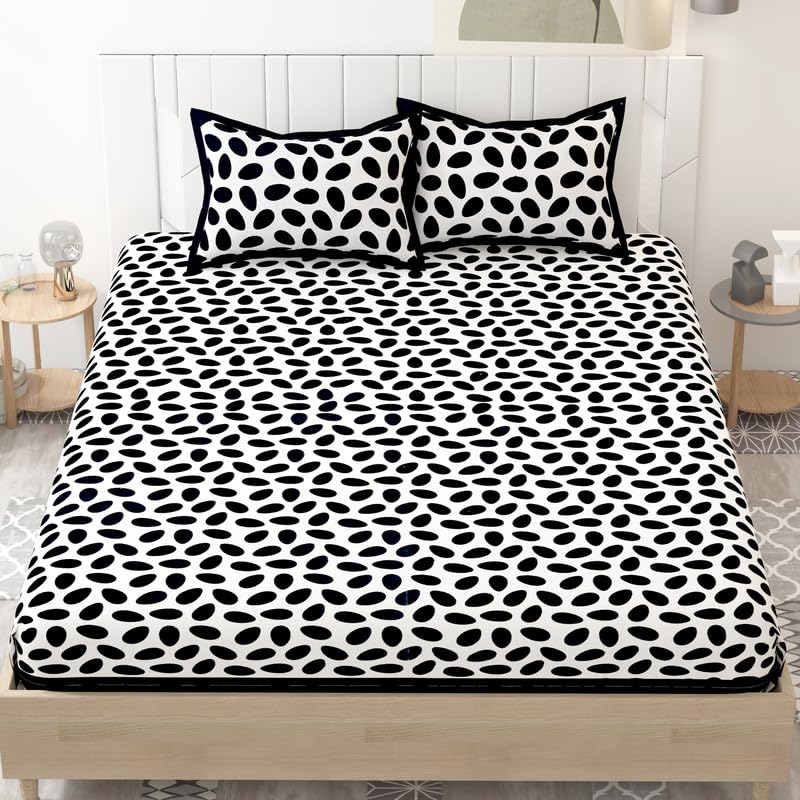 EARTHON 100% PURE COTTON RAJASTHAN JAIPURI SANGANERI PRINT DOUBLE BED SHEETS with 2 PILLOWS COVER| BLACK BEAUTY BED SHEETS for DOUBLE KING SIZE|200 TC (90X108 INCH,BLACK and WHITE)