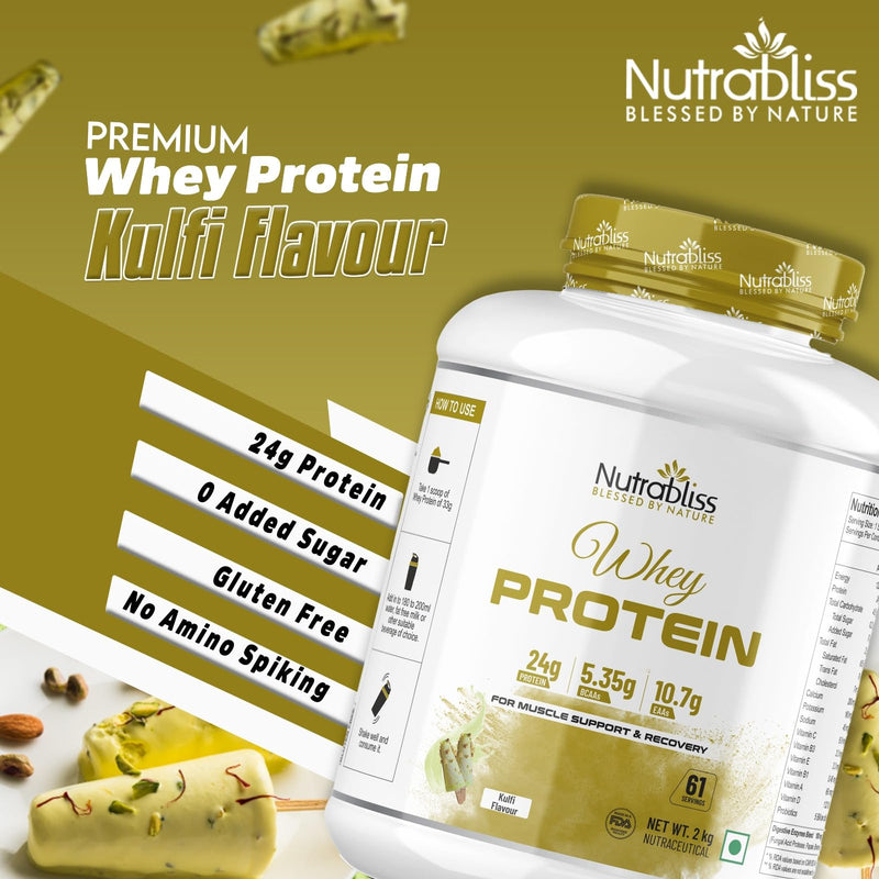 Nutrabliss Premium Pure Whey Protein Concentrated blended with digestive enzymes and probiotics | 100% tested and guaranteed Whey Protein - 24 Gram Protein per serving (Kulfi, 2 Kg)