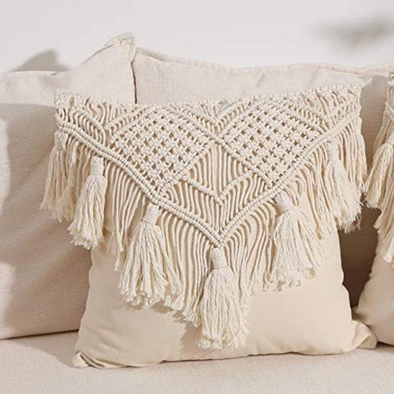 Kaahira Handcrafted Bohemian Cotton Macrame Square Cushion Cover Throw Pillowcases Boho Decors For Sofa Couch Bed Living Room - 1 Pcs Decorative And Comfy Pillow Case (16X16, Cream), 1 TC