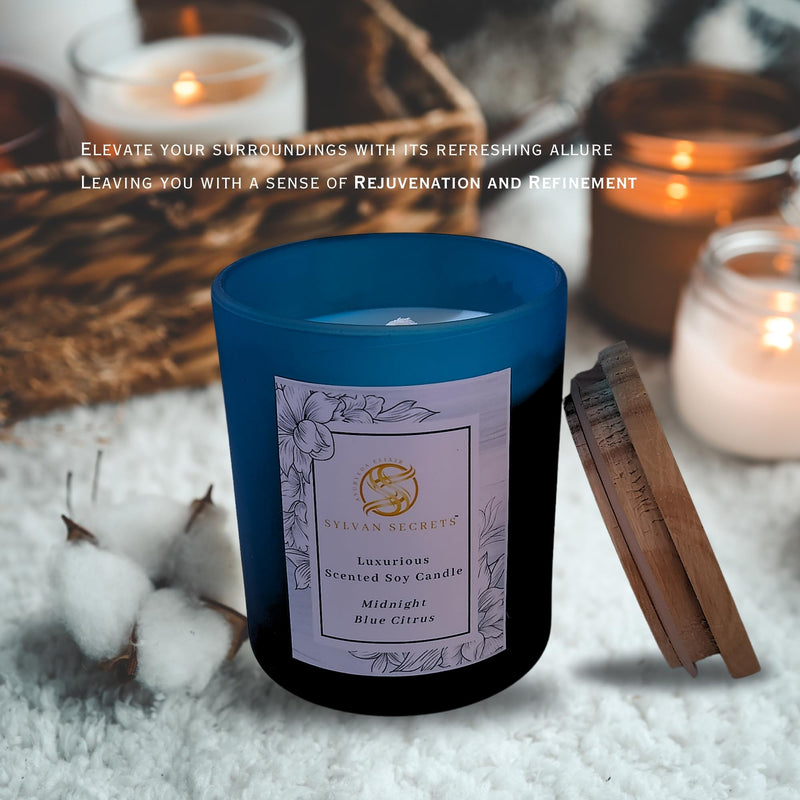 Sylvan Secrets Luxurious Scented Soy Candle Midnight Blue Citrus | Pure & Natural Oil & Fragrance | Exotic & Refreshing Aroma | 180 gm