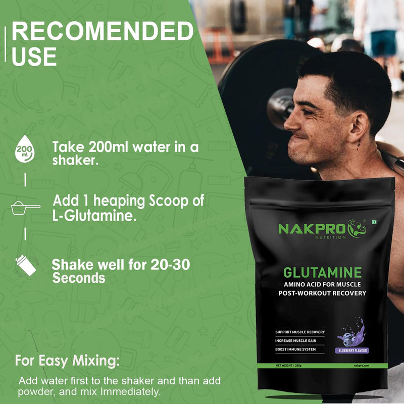 Nakpro L-Glutamine Powder | 4g Glutamine Per Serving, 50 Servings | Post Workout Amino Acid Supplement for Muscle Growth and Recovery (Blueberry, 250g)