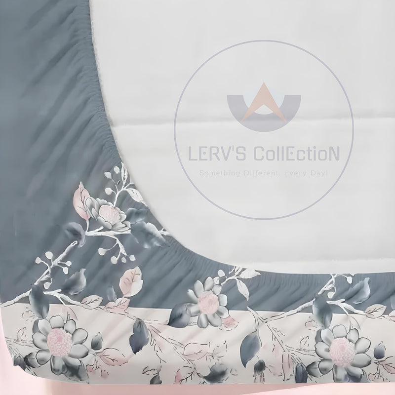 LERV’S CollEctioN 350 TC King Size Double Glace Cotton Bedsheet All Around 360° Elastic Band Fitted Bedcover with 2 Matching Pillow Cover Wrinkle-Free & Soft for Ultimate Comfort (Grey Pink-Floral)