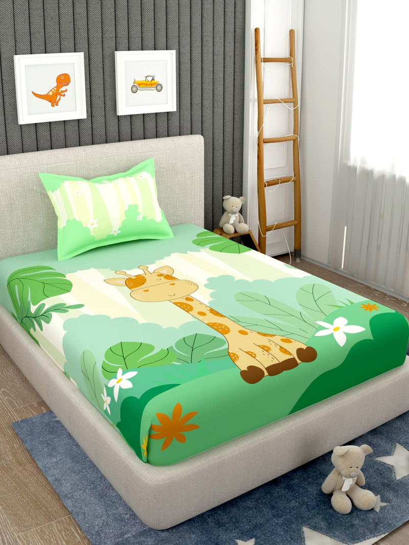 EVER HOME Giraffe Cartoon Single Bedsheet for Kids Cute Cartoon Bedsheet Made with Pure Cotton(Size 60 X 90 Inches) 1 Bedsheet + 1 Pillow Cover