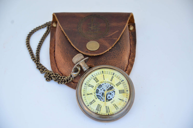 USEW Handmade Antique Brass Clock Roman Numerals Clock with Chain and A Brown Leather Bag