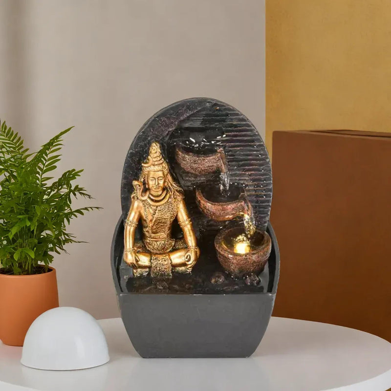 VIVARS Polyresin Lord Shiva Water Fountain with LED Light - Ideal for Home, Office, Bedroom, and Gifting