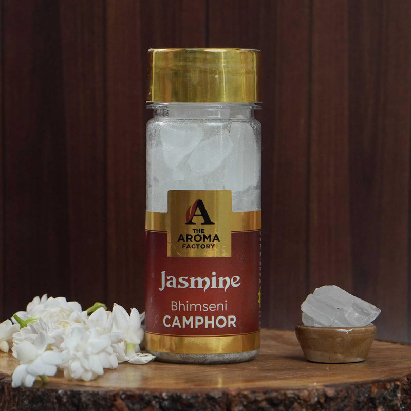 The Aroma Factory Pure Bhimseni Camphor, Jasmine, Zero Residue Kapoor with Fragrance for Pooja, Aarti Kapur | Bottle Pack of 1 x 80gm