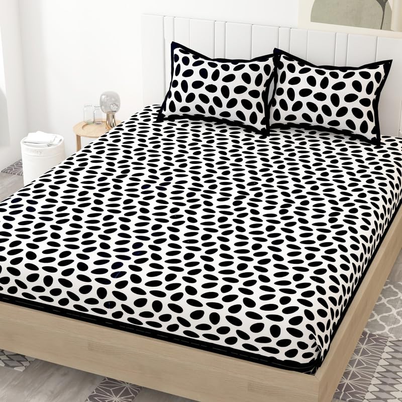 EARTHON 100% PURE COTTON RAJASTHAN JAIPURI SANGANERI PRINT DOUBLE BED SHEETS with 2 PILLOWS COVER| BLACK BEAUTY BED SHEETS for DOUBLE KING SIZE|200 TC (90X108 INCH,BLACK and WHITE)