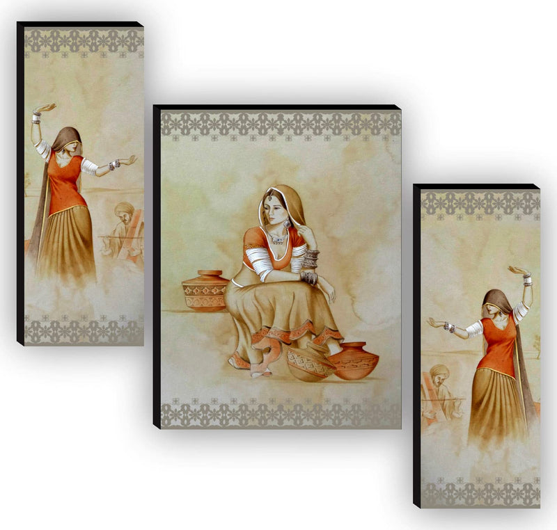 SAF Religious Radhe Krishna UV Textured Painting& Set of 3 Dancing Traditional Rajasthani Ladies Paintings for living room Painting 12 Inch X 18 Inch SAF-JM7727