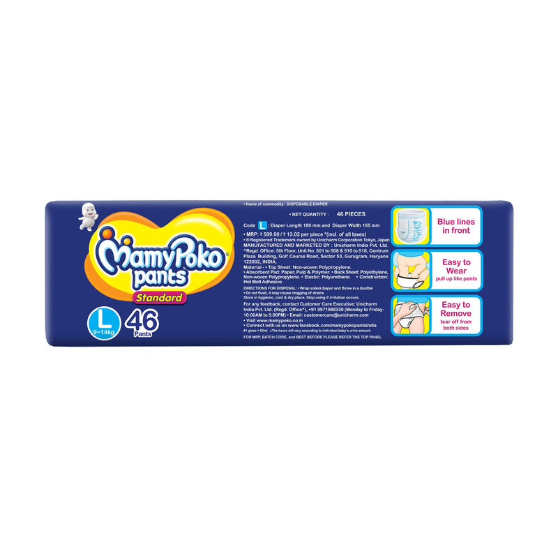 MamyPoko Pants Standard Baby Diapers, Large (L), 46 Count, 9-14kg