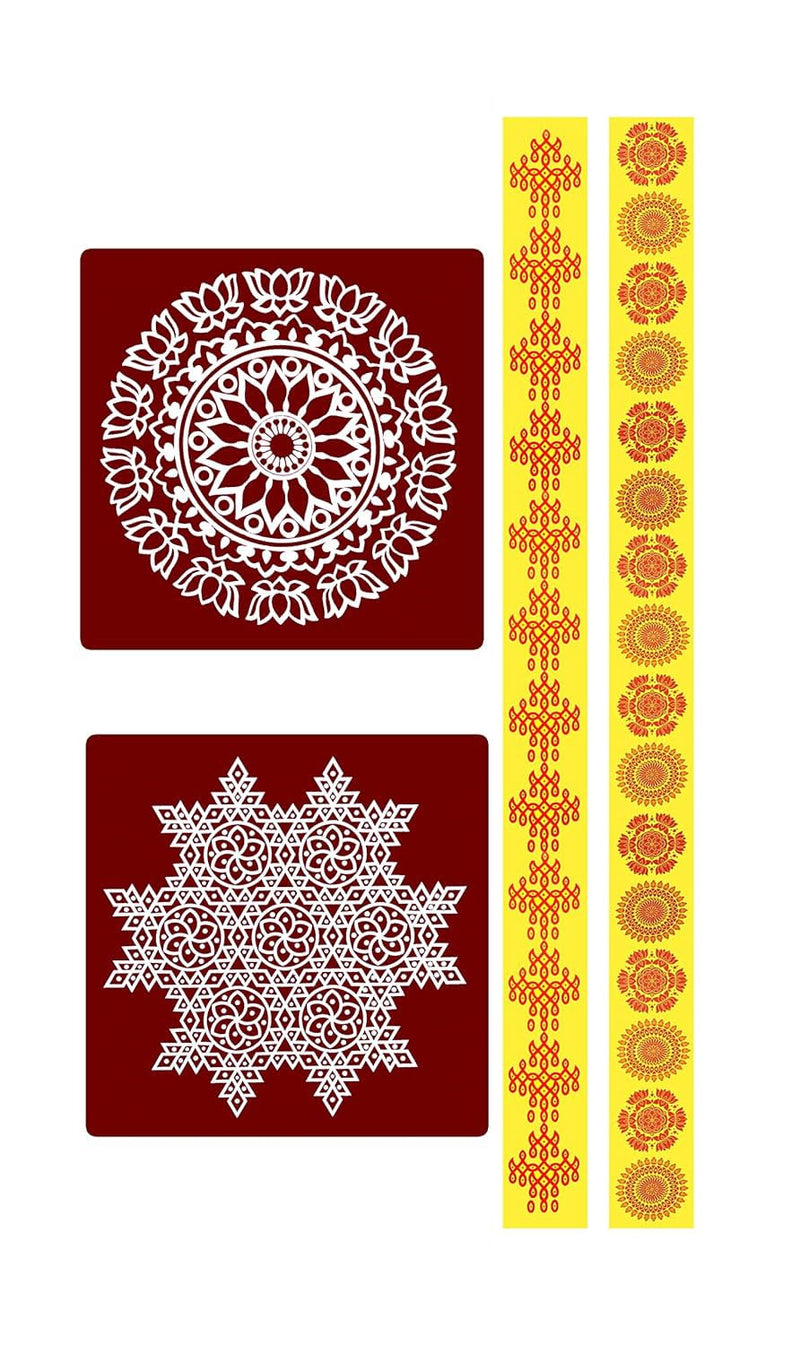 ABS HERBALS Vinyl Self-Adhesive Rangoli/Kolam Sticker ? Traditional Handmade Kolam Art/Design Sticker for : Pooja Room, Home Entrance, Tile, Floor, (Meroon:MM2,YP2 Pack of 4Pcs)