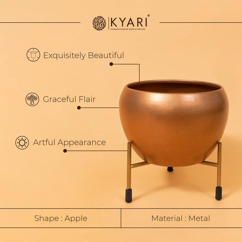 KYARI Joyeria Metal Pots for Indoor Plants with Drainage Hole & Stand (Best Flower Pots & Planters for Home Decor, Living Room, Kitchen, Bedroom, Table Top, Office, Gifting, Copper Finish, Pack of 1)