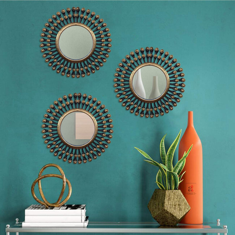 Art Street Painting Mantra Decorative Framed Round Wall Mirror For Living Room (Black, 10 X 10 Inchs) - Set Of 3