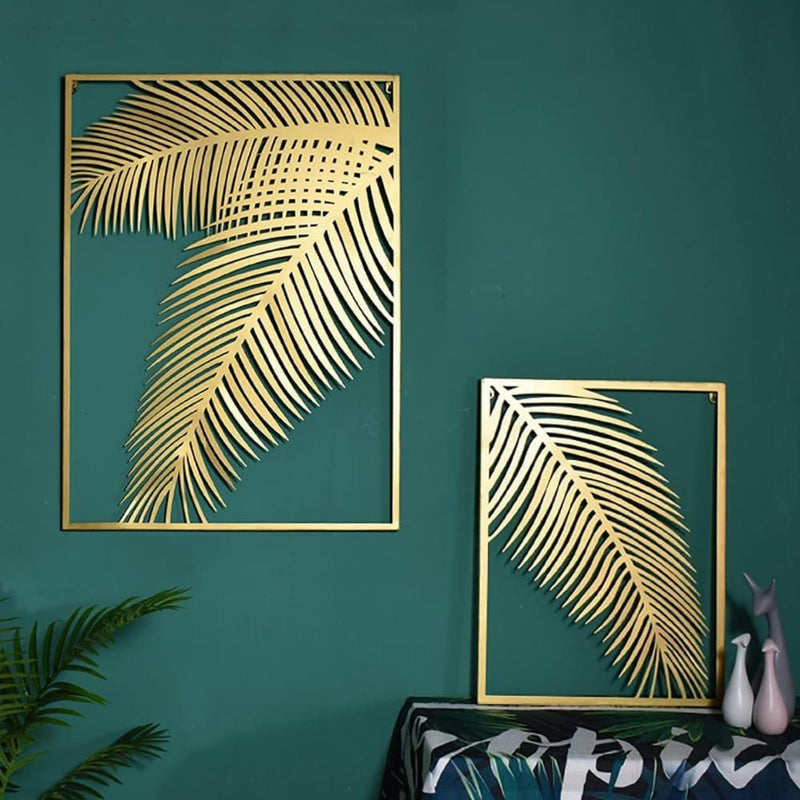 ATEEFA HOME DECOR 2 Pieces gold Metal Palm Leaf Wall Decor Home Art Set | Metal Wall Hanging Art Antique Style Wall Decor Restaurant | Hotel | Home | Bedroom | Living Room (Set of 2) (double leaf golden)