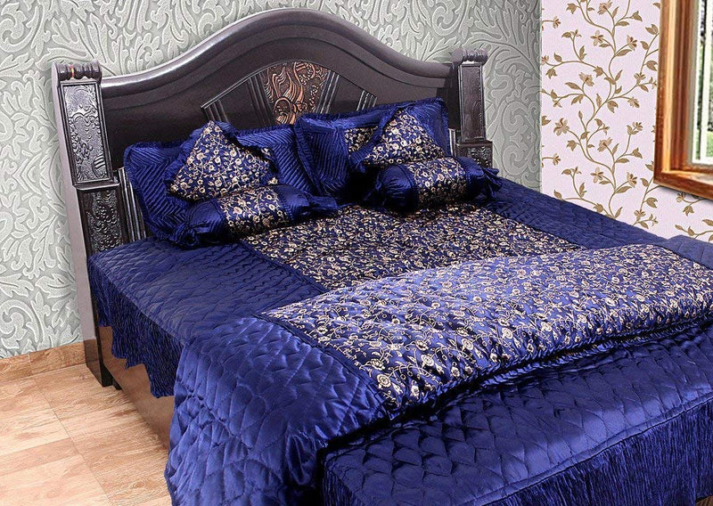 Generic Dark Blue Satin Gold Printed Double Bed ??? Bedding Wedding Set (Set of 8 pcs) 1 Double Bed Bedsheet::2 Pillow Cover::1 AC Comforter::2 Filled Cushions::2 Filled Bolsters